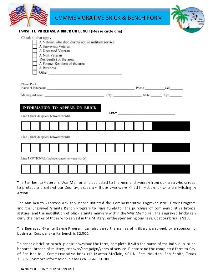 Commemorative Brick Paver - Bench Form5-19-16