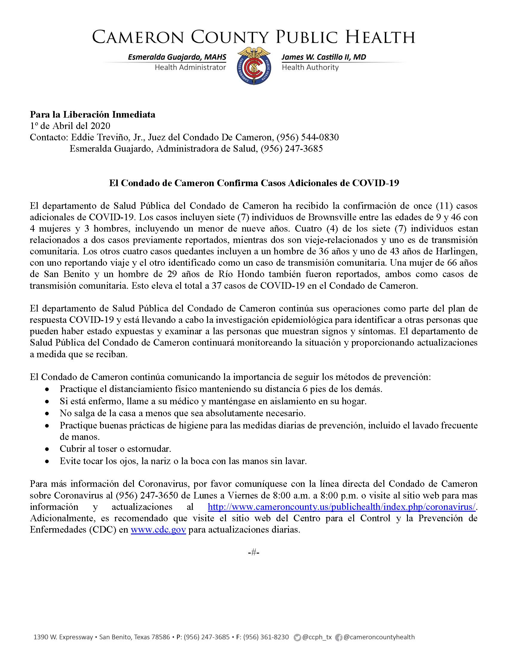 04.01.2020 COVID19 Press Release in Spanish