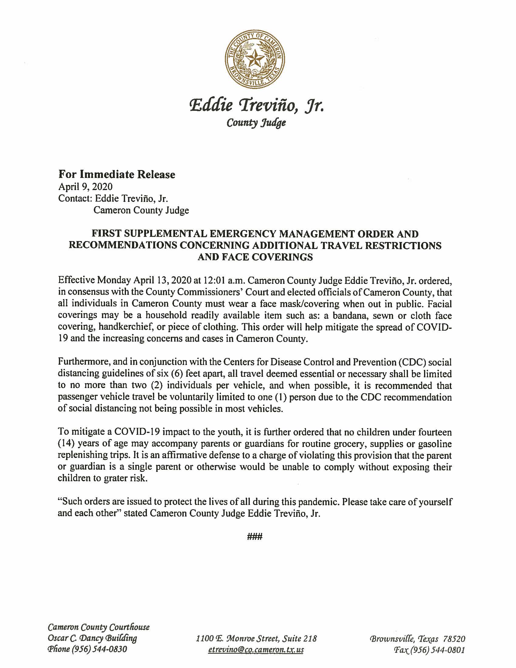 04.09.2020 For Immediate Release- First Supplemental Emergency Management Order and Recommendations 