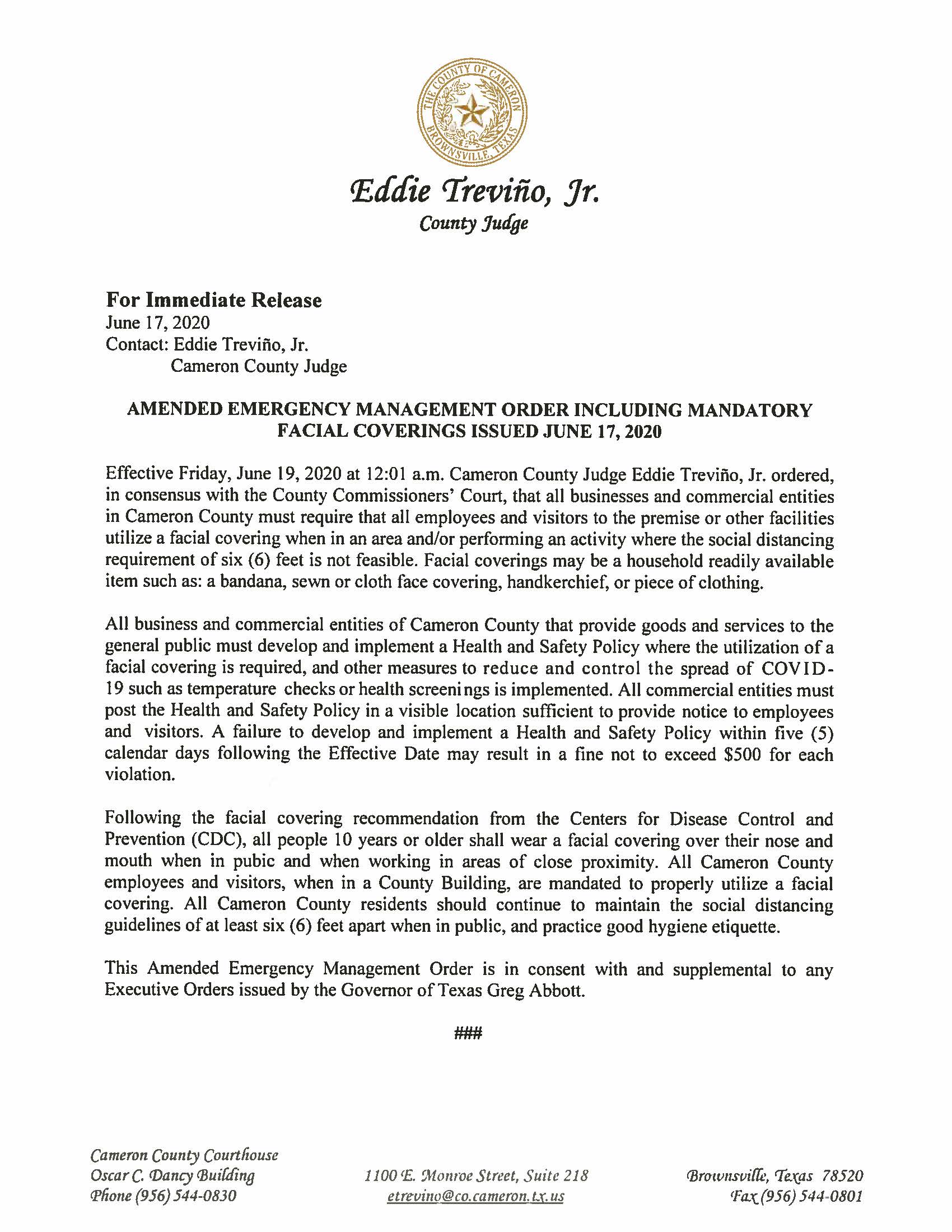 06.17.2020 For Immediate Release Amended Emergency Management Order Including Mandatory Facial Cover