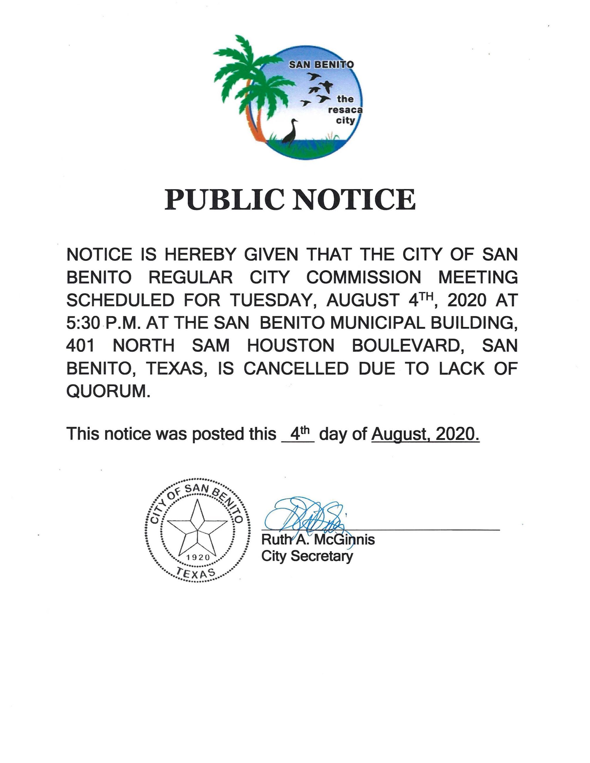 Public Notice: August 4, 2020 City of San Benito Regular City Commission Meeting Cancelled 
