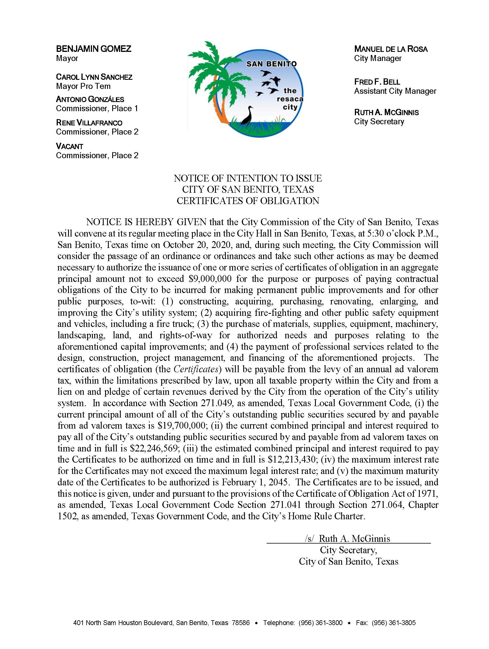 2020 Certificates of Obligation NOI