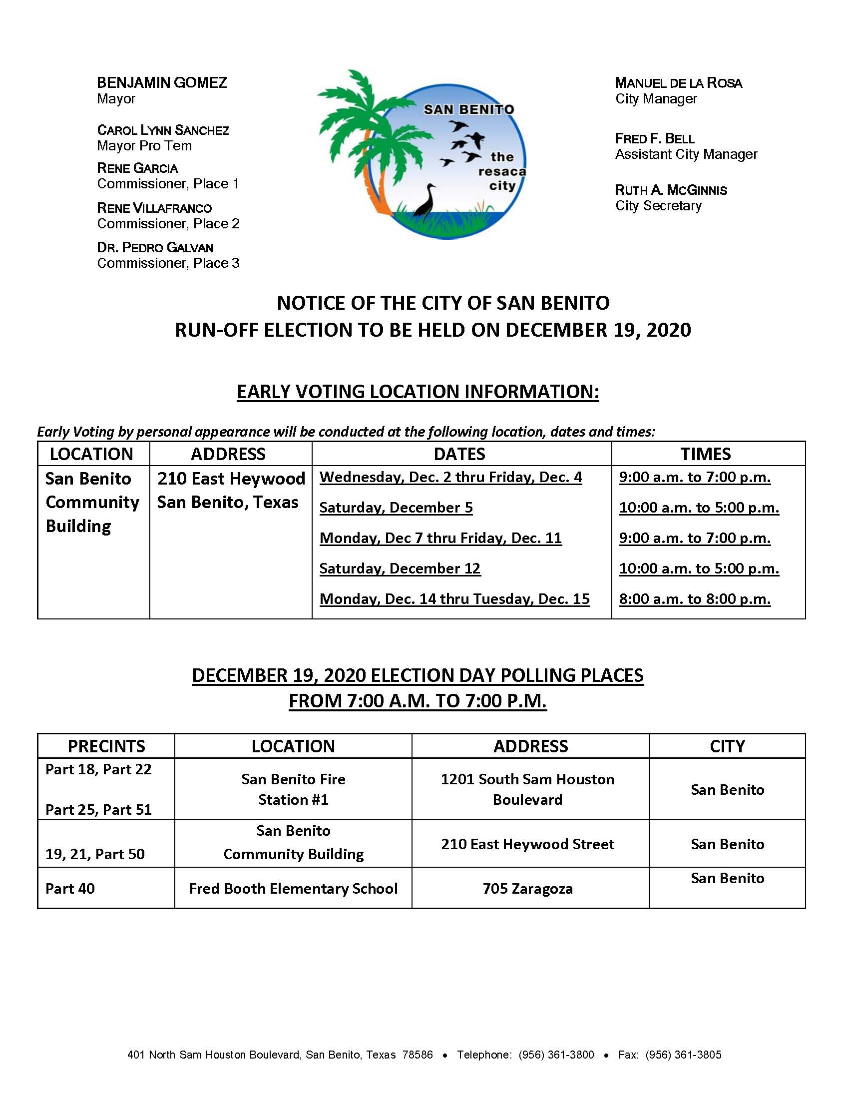 Notice of Early Voting Locations and Election Day for the December 19, 2020 Run-Off Election