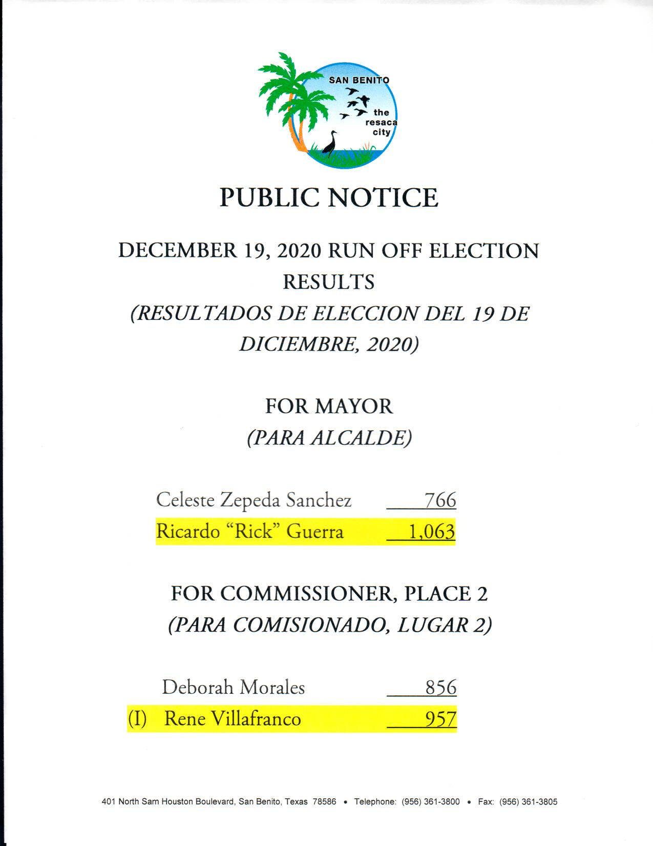 City of San Benito December 19, 2020 Run Off Election Results
