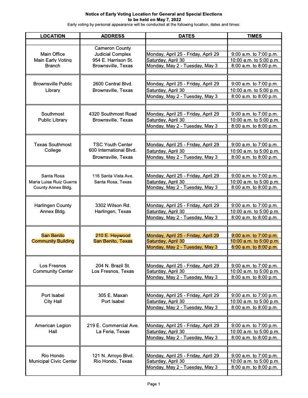 Early Voting Locations May 7 2022 Gen and Special Elections