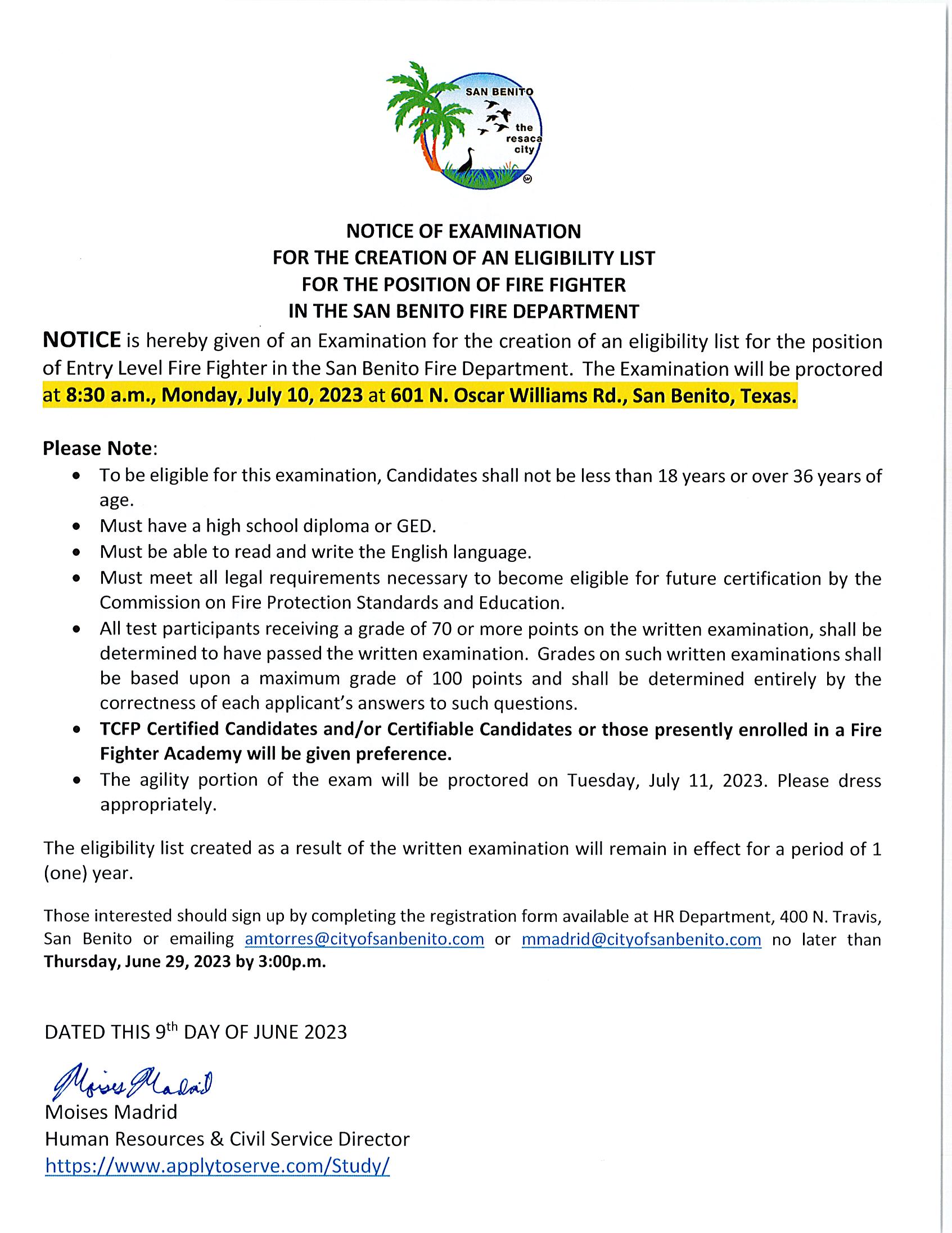 Notice of examination