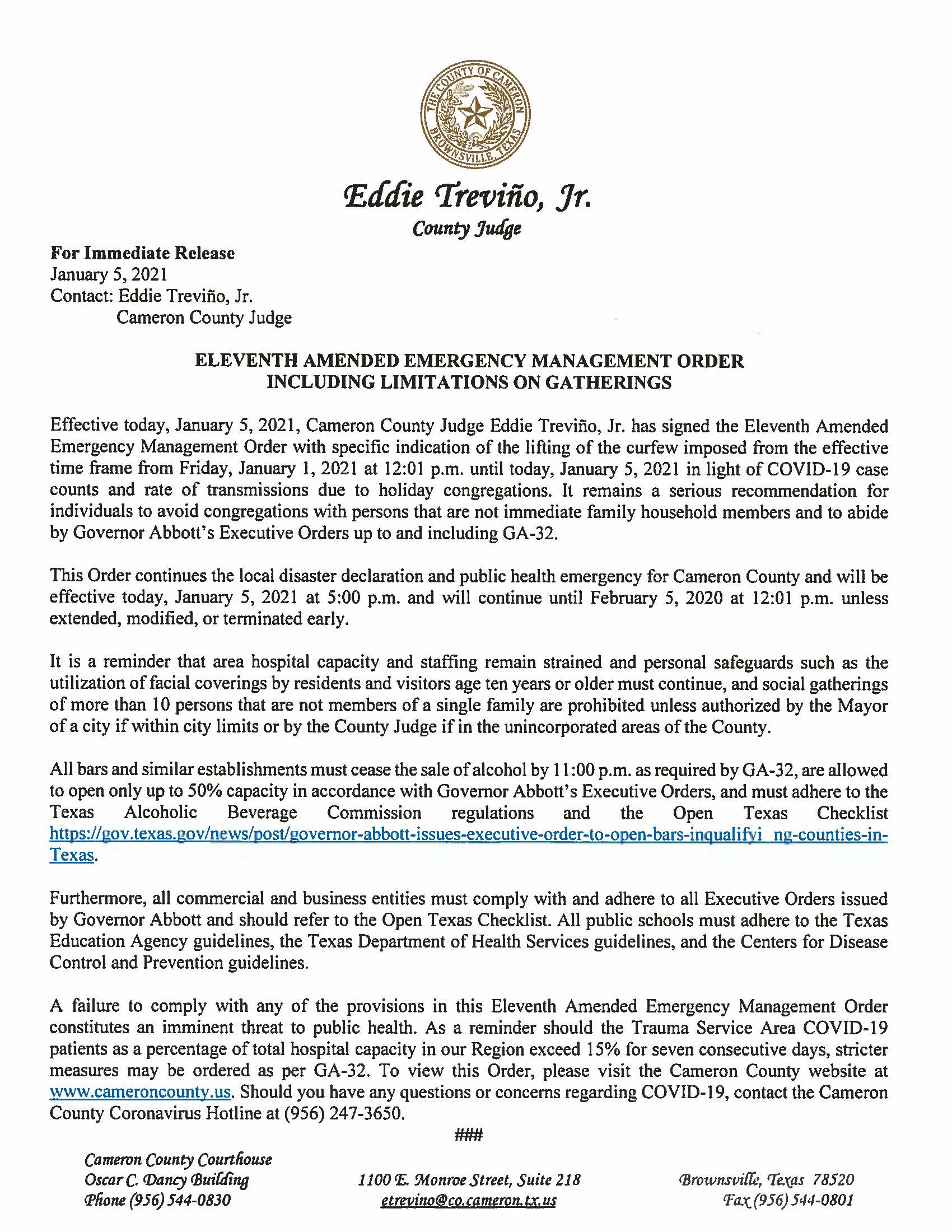 Eleventh Amended Emergency Management Order