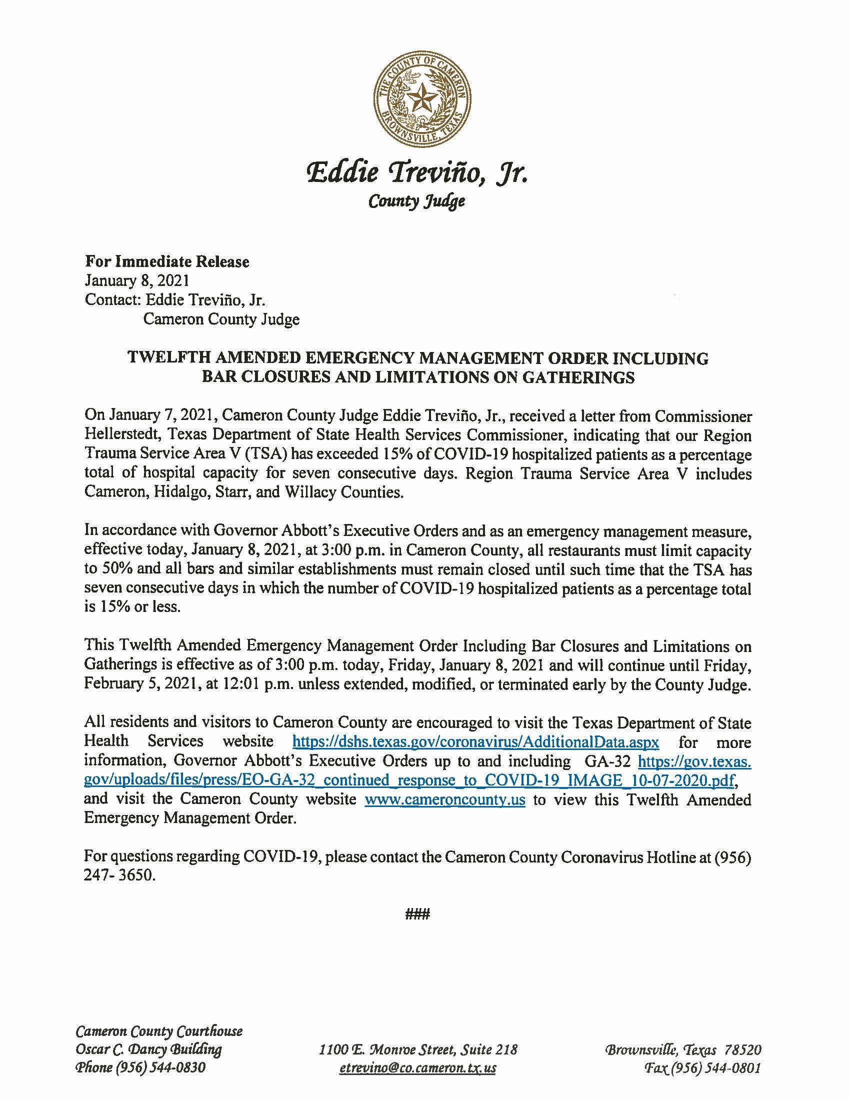 Twelfth Amended Emergency Management Order