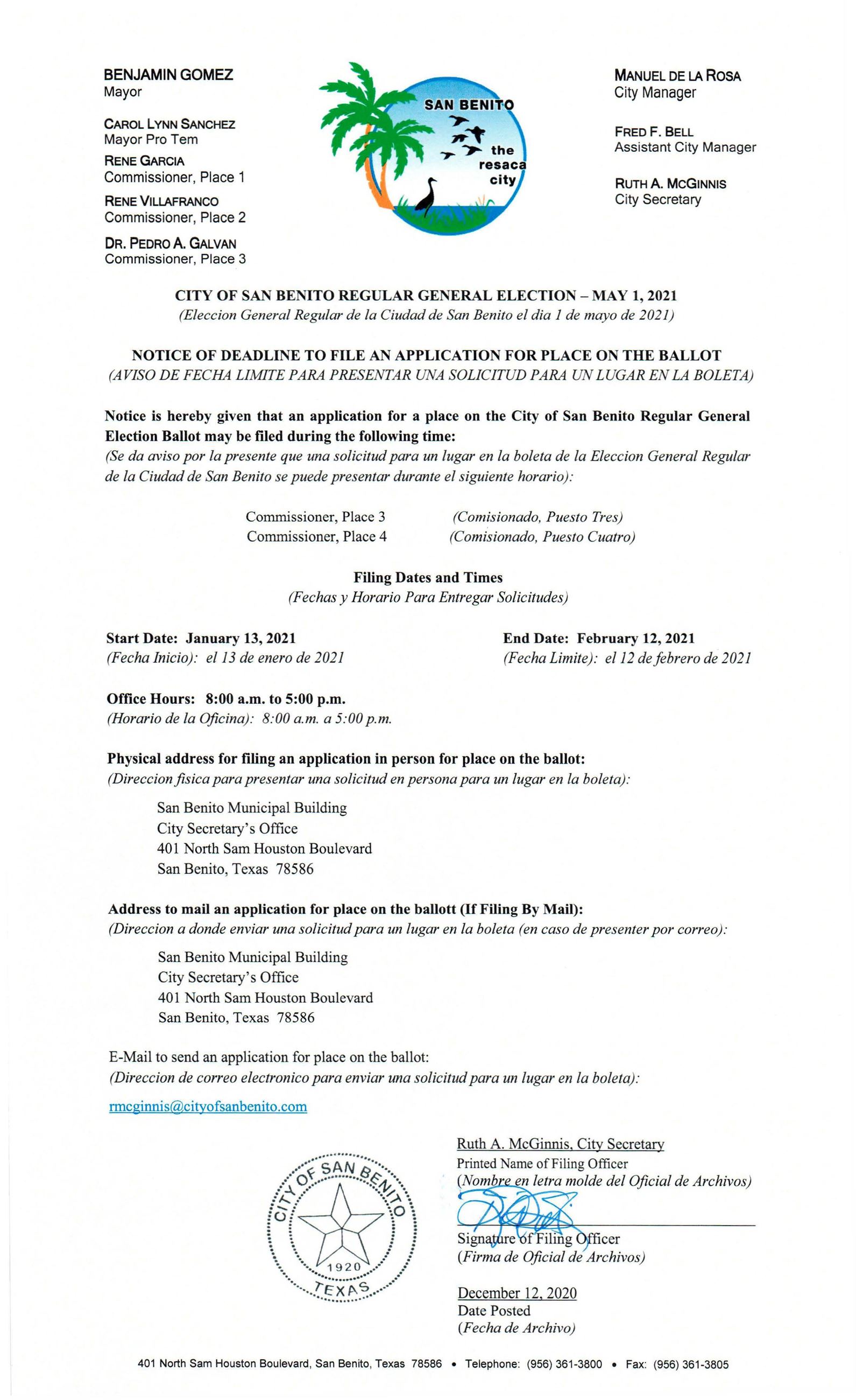 Notice of Deadline To File An Application for Place on the Ballot Form 3-2a Posted 12.12.20