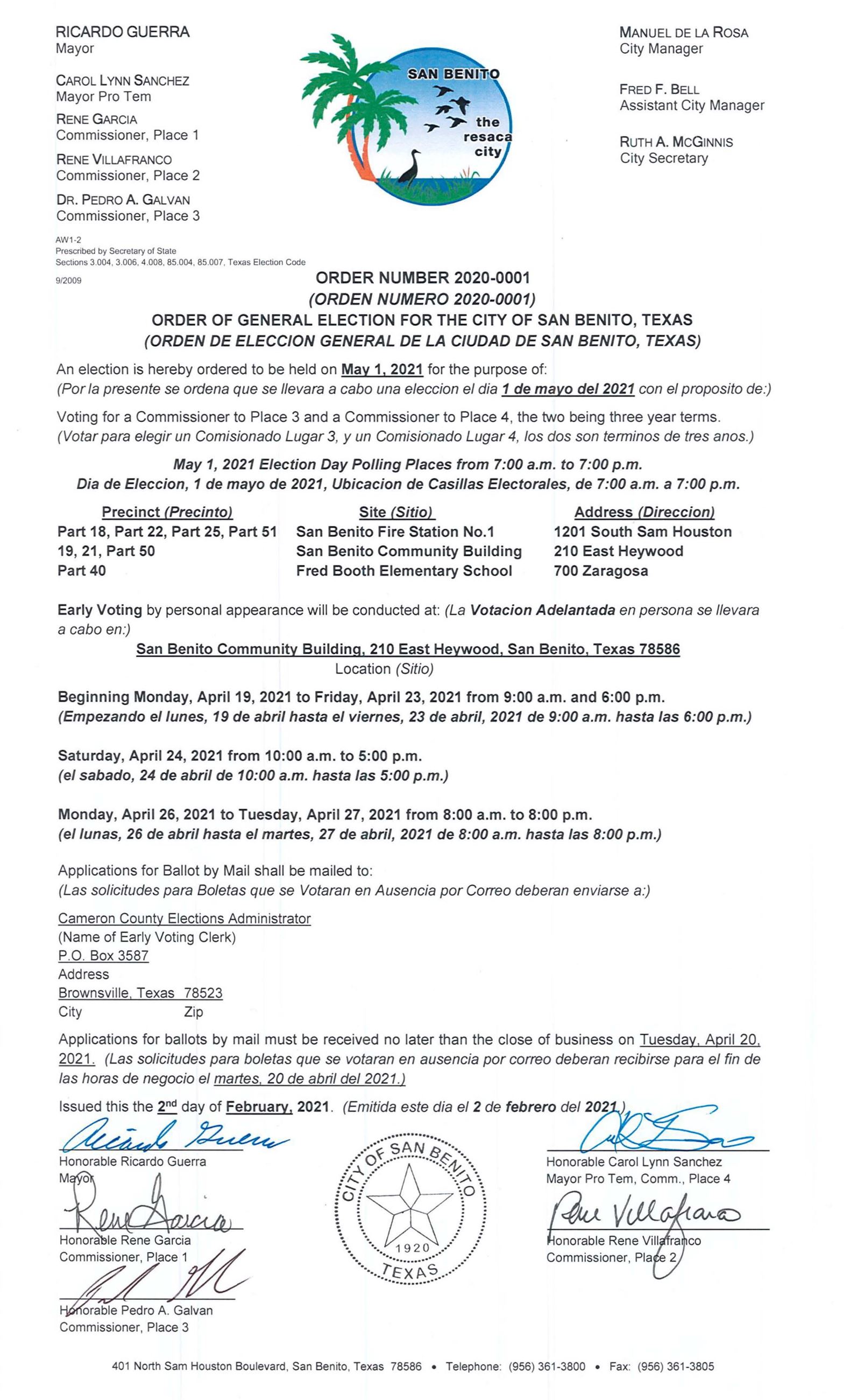 Order 2020-0001 Gen Election May 1 2021 Approved 02.02.21rccm