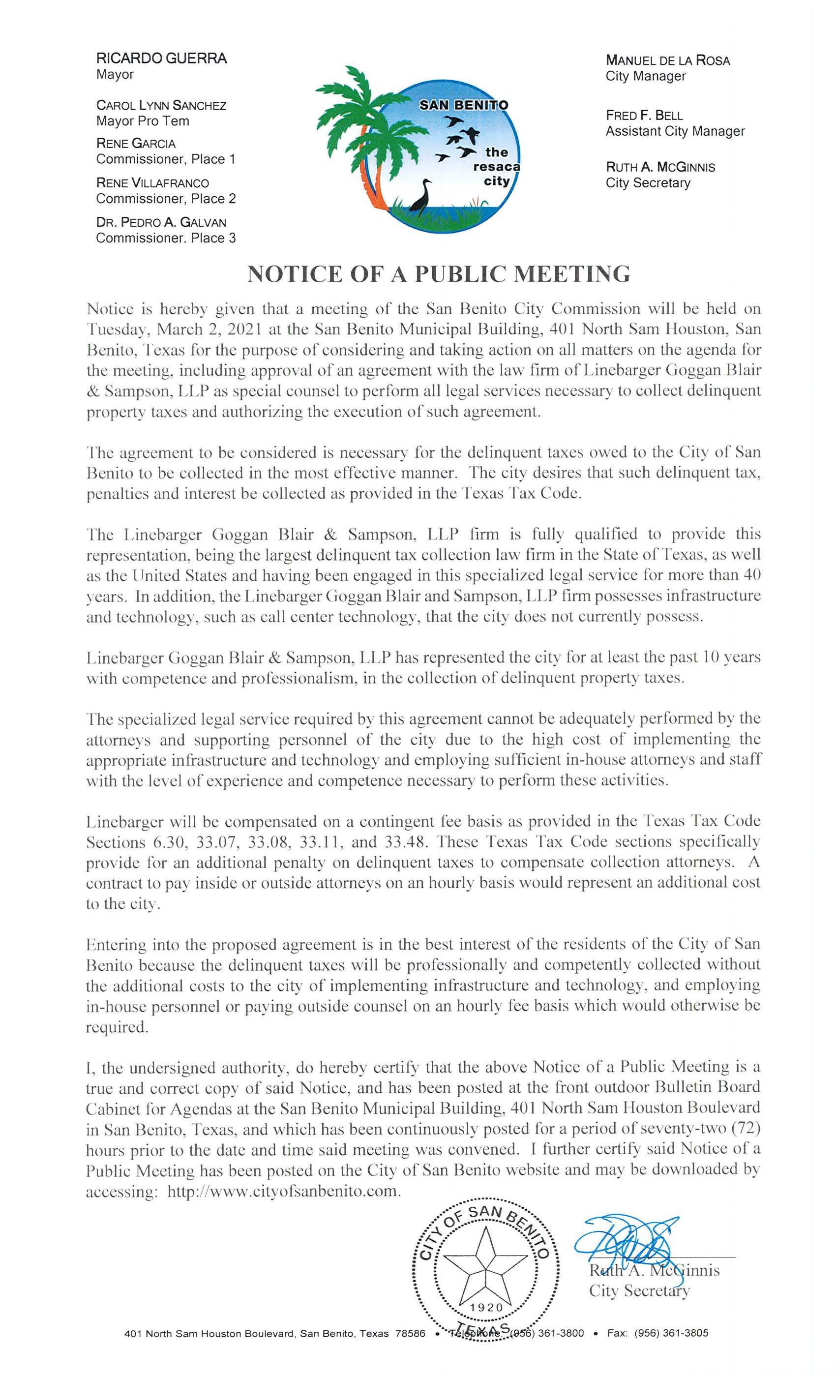 Del Tax Collection Public Notice of Meeting Linebarger Posted 02.26.21