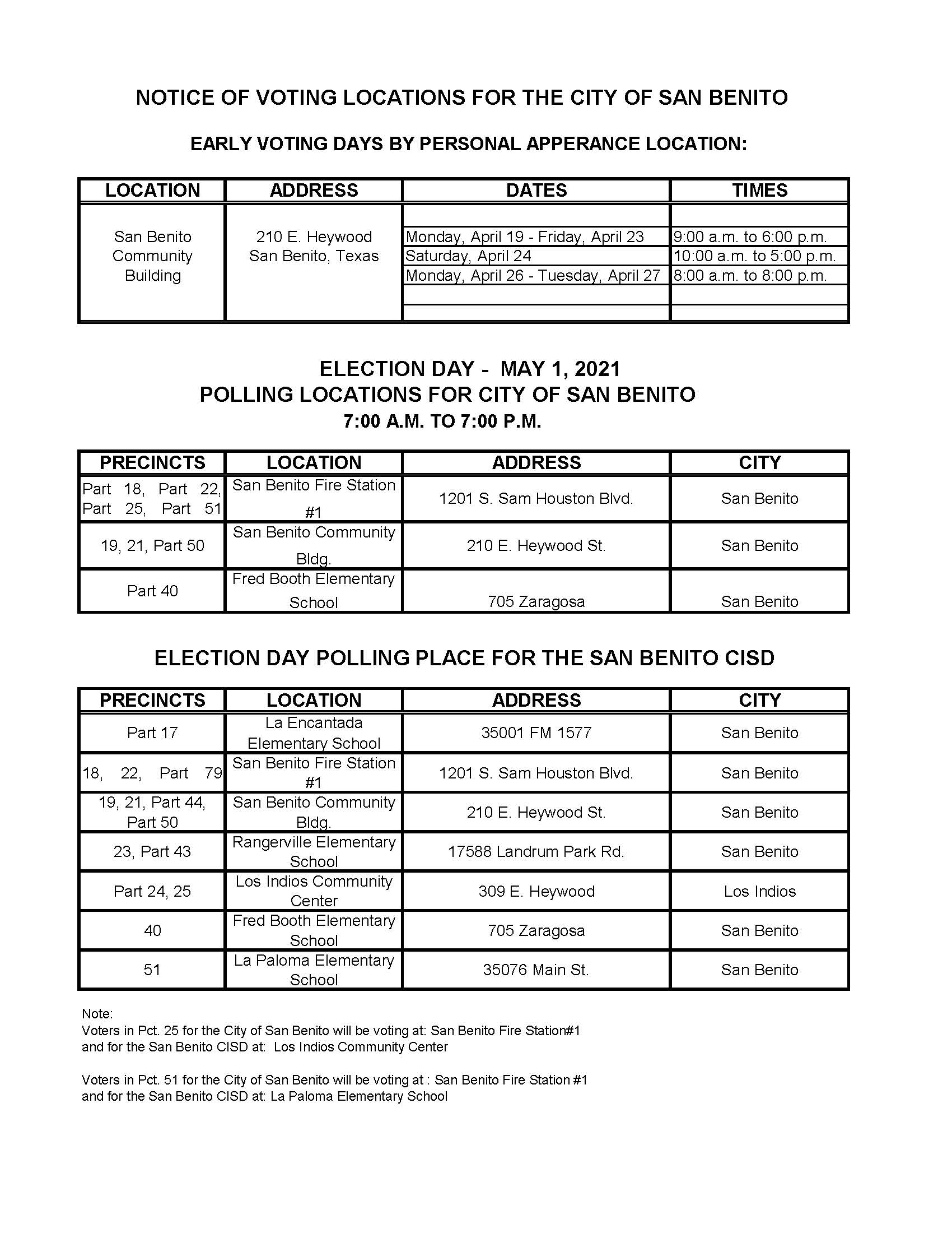 City of San Benito Early Voting & Election Day Voting Locations For The May 1, 2021 General Election