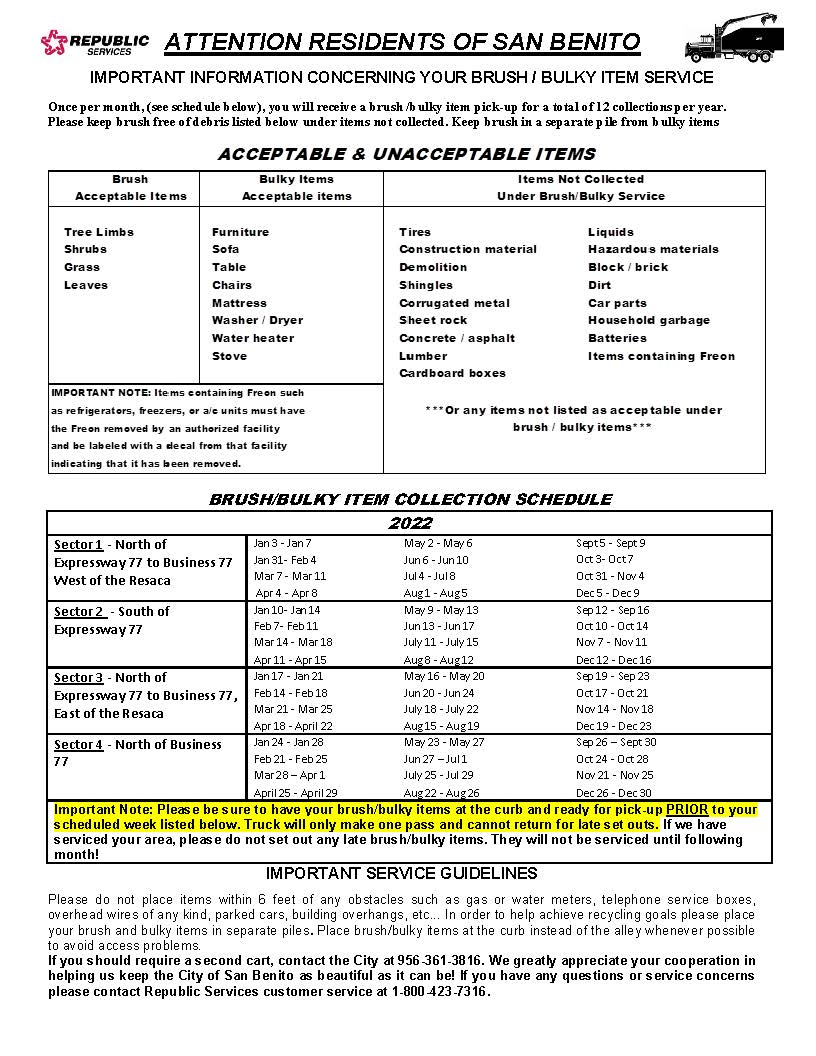 San Benito Brush/Bulk Collection Schedule