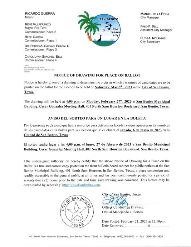 NOTICE OF ELECTION DRAWING February 27 2023 at 4pm. 02.21.2023