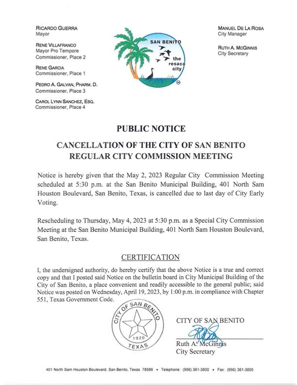 2023 Public Notice Cancellation May 2 2023 RCCM Rescheduling to May 4 SCCM POSTED 04.19.23