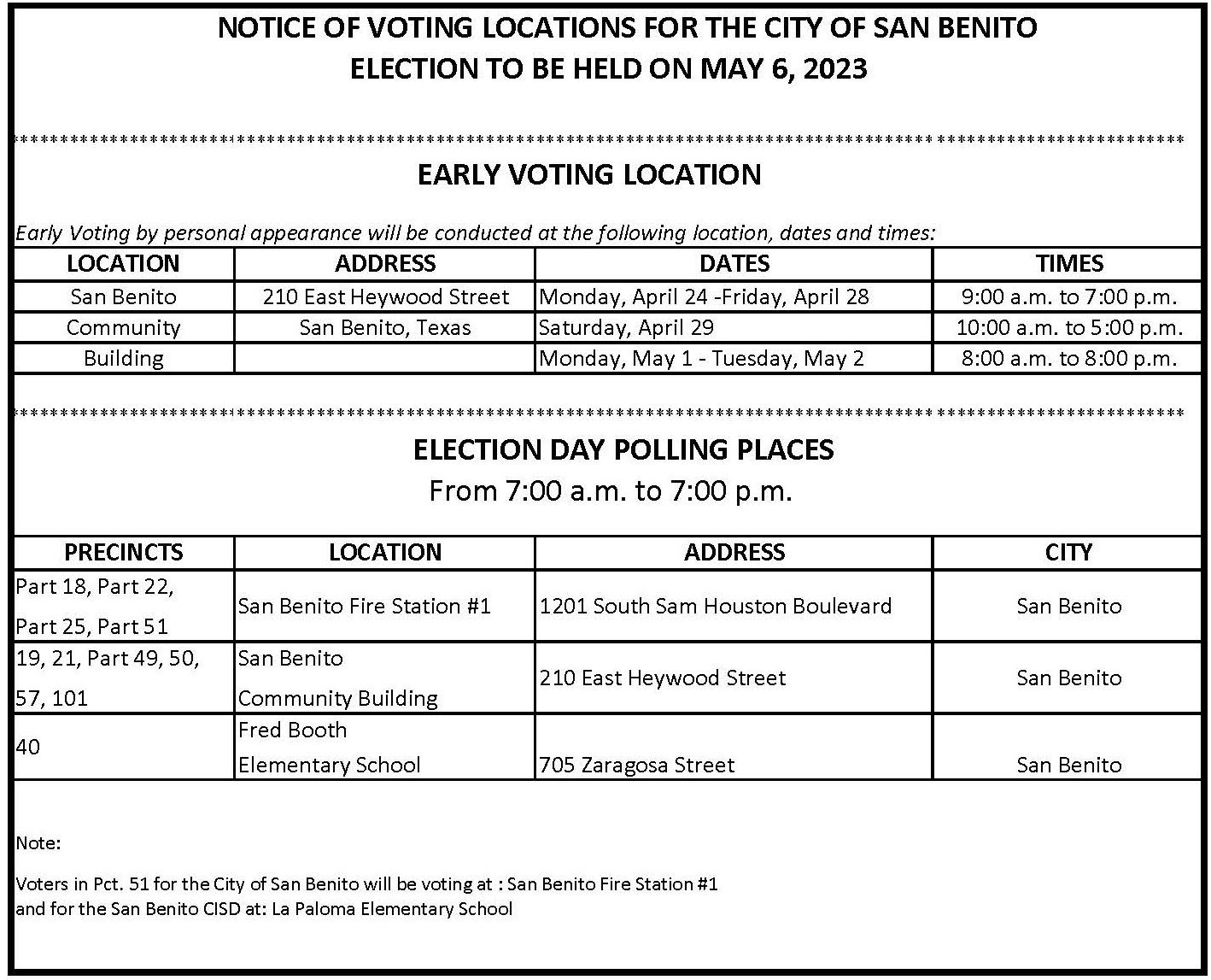 COSB Early Voting Locations and Election Day Polling Places